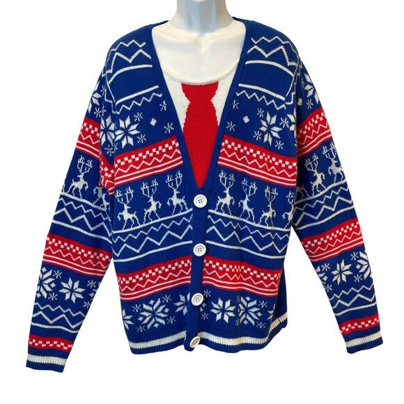 Jolly Sweaters Dad-Core V-Neck Faux Cardigan Ugly Christmas Sweater Size 2XL - Picture 1 of 5